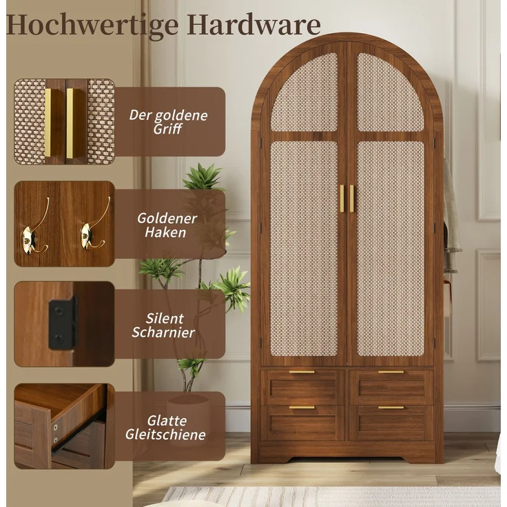 Kleiderschrank aus MDF mit geschwungenen Türen, Rattan-Optik, Schubladen, 80x50x179 cm, Walnut – Bild 8