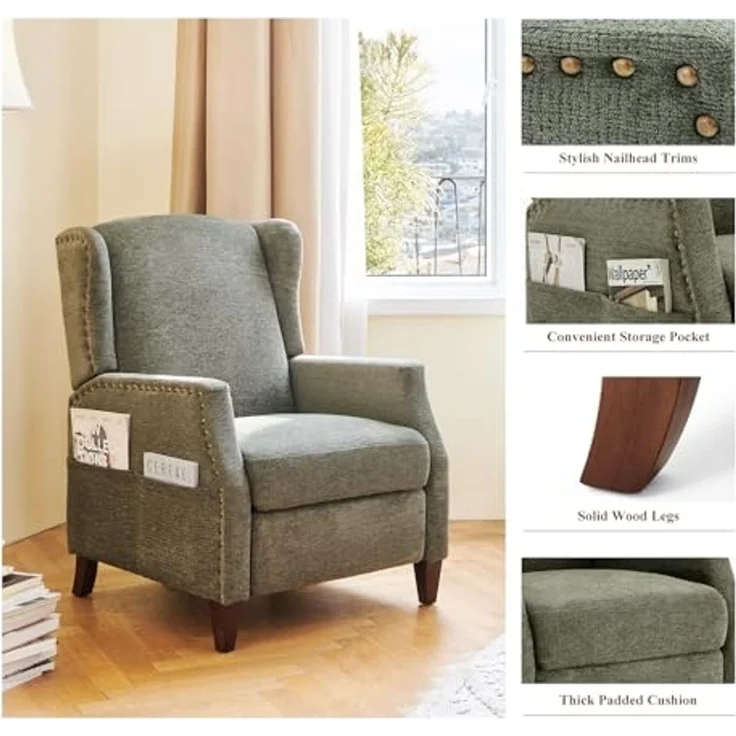 COLAMY Wingback Sessel mit Pushback-Funktion, Moderner Bezugsstoff Sessel fürs Wohnzimmer mit Seitentasche und Nagelkopf-Akzenten, Grün – Bild 6
