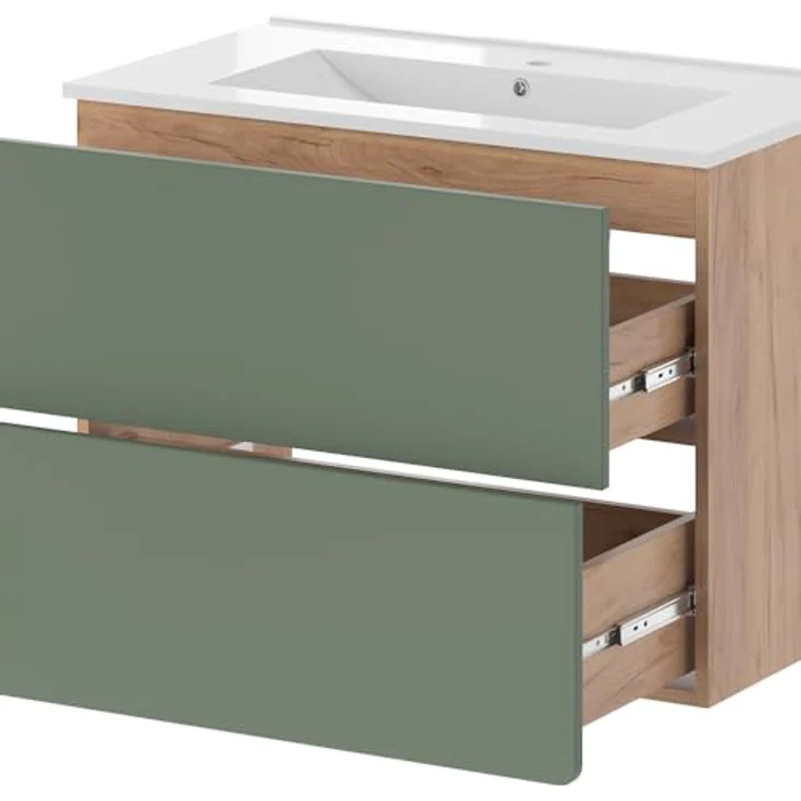 Vichy Badmöbelset Izan, 2-teiliges Badmöbel-Set in Goldkraft Eiche/Grün mit Waschbeckenunterschrank und Spiegelschrank mit Beleuchtung – Bild 5