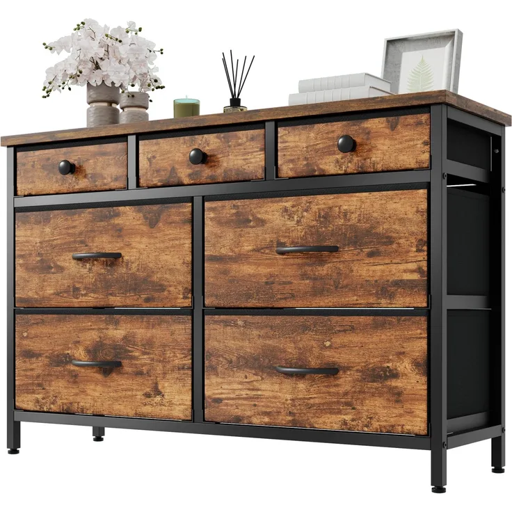 Feonase Kommode mit 7 Schubladen, robuster MDF-Platte und Stahlrahmen, Moderne Stoffkommode fürs Schlafzimmer, Rustikales Braun
