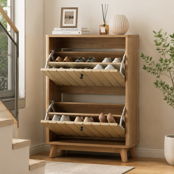 Abrihome Schuhregal mit Klappfächern, Eichenholz, 60x24x94 cm