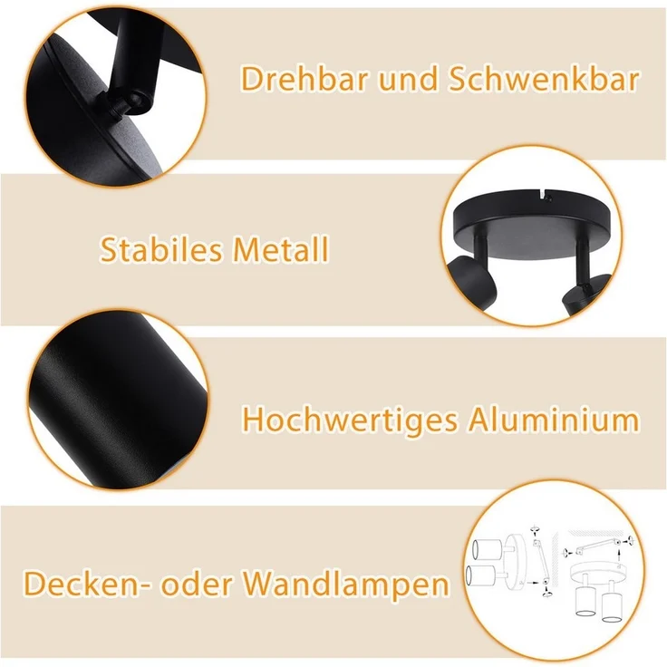 Nettlife Deckenstrahler 2 Flammig Schwarz GU10 Wohnzimmer Modern Deckenlampe Schwenkbar, Schwenkbar, LED wechselbar, Innen Rund Flur Deckenspot für Schlafzimmer Küche – Bild 2