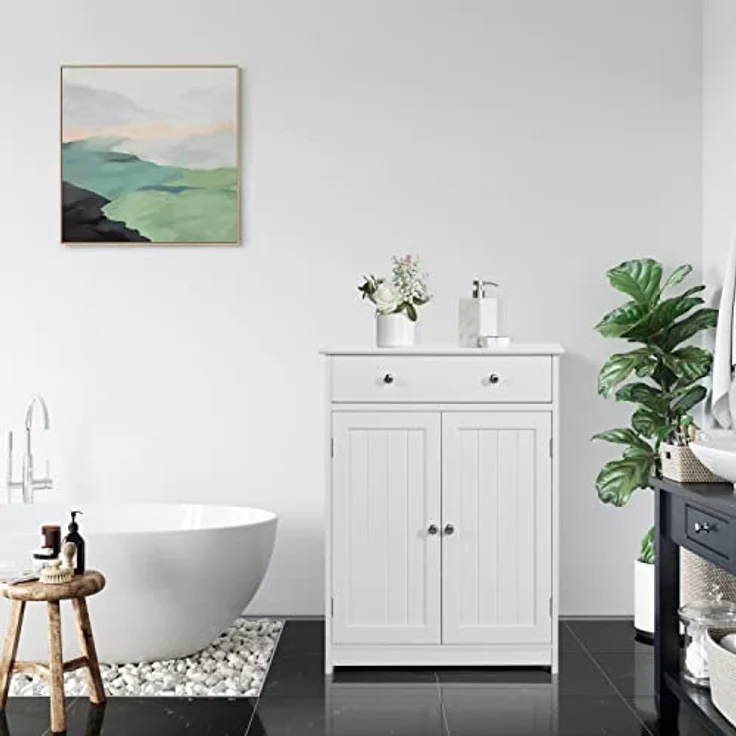 Yaheetech Badschrank Küchenschrank Kommode Aufbewahrungsschrank mit Schublade und Doppeltür Badezimmer 60 x 30 x 80 cm LBH Weiß – Bild 5