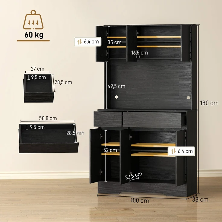 Wohnora-Buffet-Küchenschrank mit Arbeitsplatte, 6 Türen, hoher Stauraumschrank mit Regalen, Schwarz,H 1800cm x T 1000cm x B 380cm – Bild 4