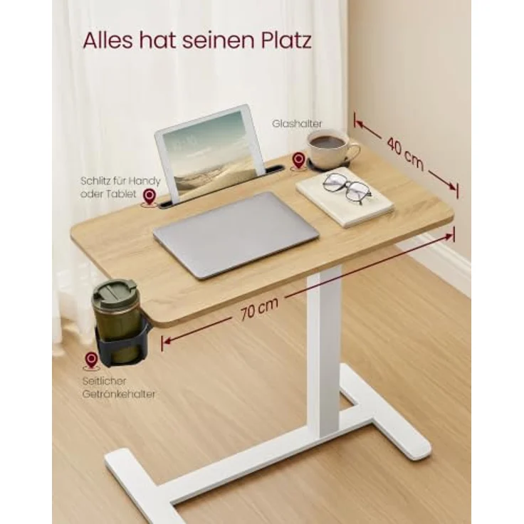 VASAGLE Beistelltisch mit Rollen, mobiler Stehtisch, 70x40 cm große Tischplatte, verstellbare Höhe, 2 Getränkehalter, Schlitz für Handy oder Tablet, goldeichenfarben LSD600YA01 – Bild 6