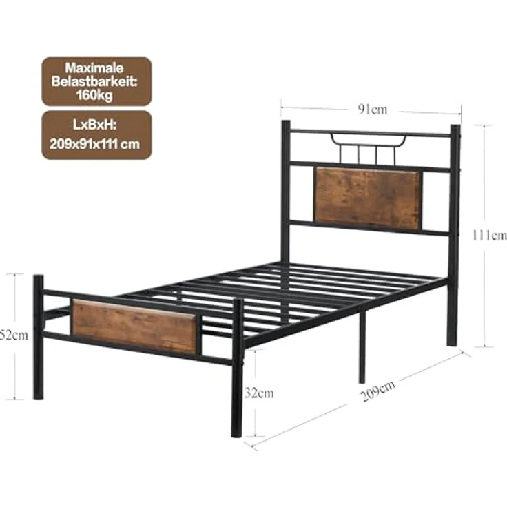 VECELO Bett 90x200 cm mit Holzkopfteil, Holz Metallbett mit Lattenrost, Bettgestell Bettrahmen aus Metall, Einzelbett Jugendbett Gästebett, perfekt für Schlafzimmer, Braun – Bild 3