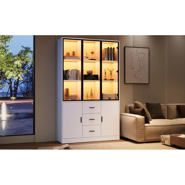 ZUBALIYA Vitrine mit Glasschrank Tür und LED-Licht, Vitrinenschrank Glasvitrine mit MultiStorage Bücherregal, Highboard Sammlervitrine mit Griff, 3 Schubladen & Türen, Wohnzimmerschrank, Weiß – Bild 16