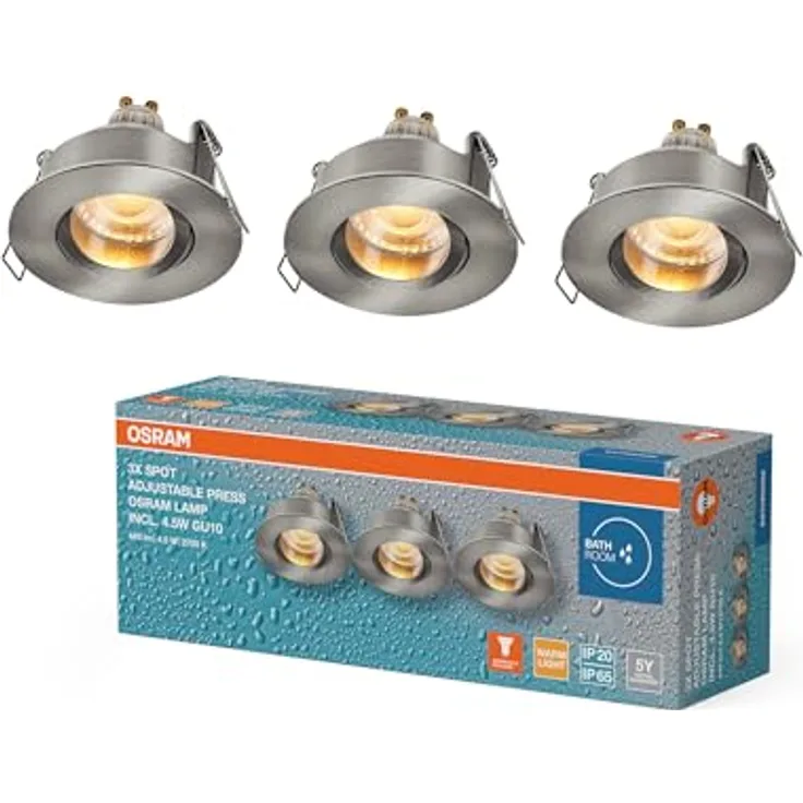 Osram Einbaustrahler Set LED IP65 Press, 3er-Set Satin-Nickel, 4,5W, 320lm, 2700K Warmweiß, dreh- und schwenkbar