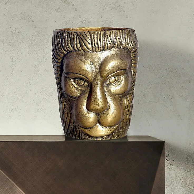 Deko Vase Löwenkopf 21 cm Aluminium Gold Blumenvase Modern Klein – Bild 2