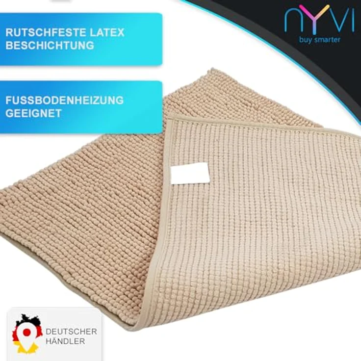 NYVI NYVISpa Badematten Set 2-teilig, Chenille 45x50 + 50x80 cm, Beige - rutschfest, saugfähig, schnell trocknend, Fußbodenheizung geeignet, Oeko-TEX – Bild 4