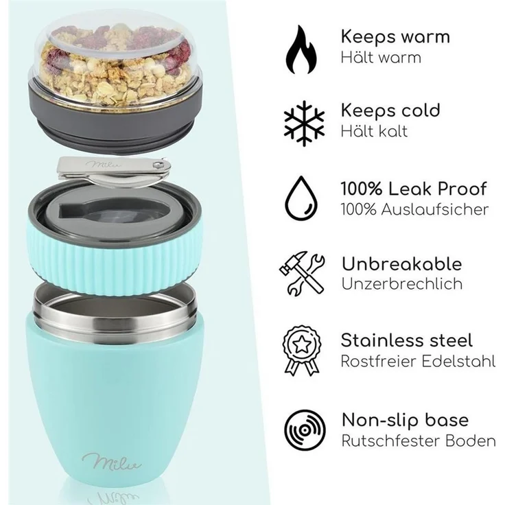 Milu Müslibox Müslibecher To Go Edelstahl 400 ml, isoliert, auslaufsicher, Müslimax Set – Bild 3