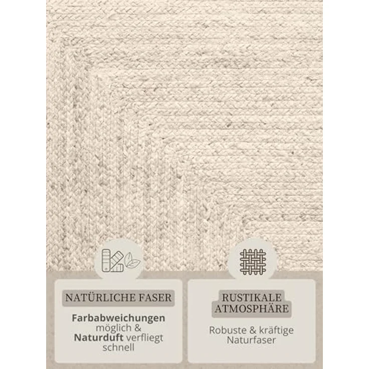 Hanse Home Juno Juteteppich - Natur Wohnzimmerteppich aus 100% Jute, Handgewebt - Robust & Pflegeleicht - Moderner, Boho Naturfaser Teppich für Wohnzimmer, Schlafzimmer - Reinweiß, 200x300cm – Bild 4