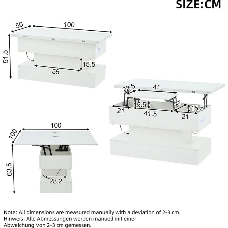 Couchtisch Weiß mit Hebefunktion, 100 x 50 x 51,5 cm, ausziehbar,LED-Licht steuerbar per App, USB- und Typ-C-Steckdose – Bild 10