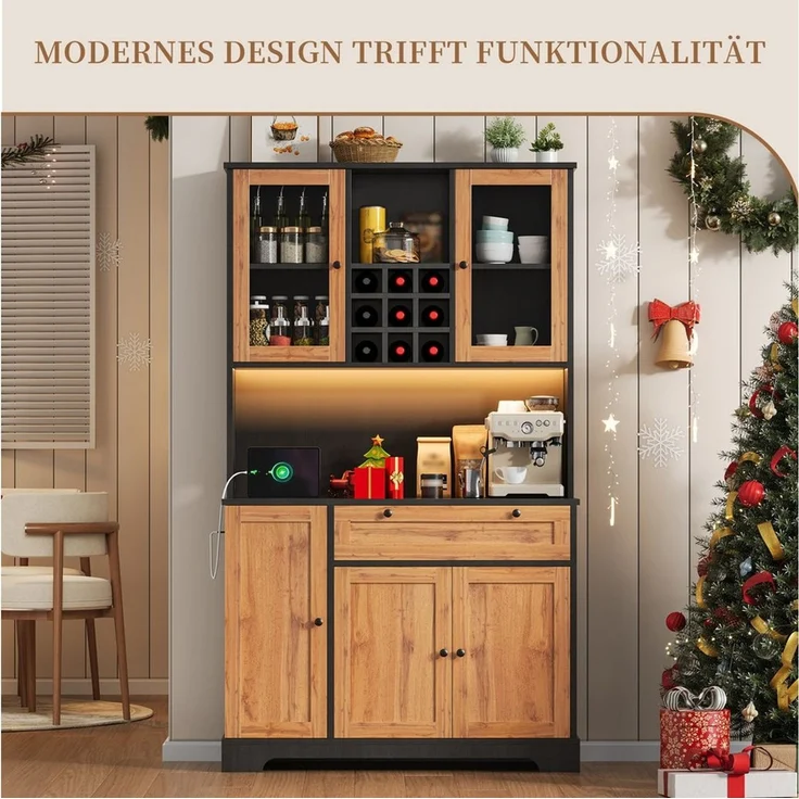 SeedWave Buffet Vielseitiges Küchenbuffet mit LED-Lichtleiste, Ladefunktion, Weinregal Hochschrank mit Höhe 180cm, 2× Glastüren, viel Stauraum – Bild 2