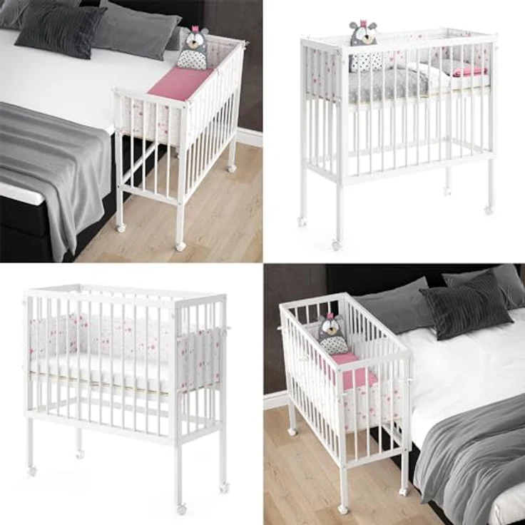 VitaliSpa Beistellbett Sophie, Weiß, 94 x 42.5 cm 2 Seitenschienen, höhenverstellbar mit Rollen und Befestigung am Elternbett – Bild 8