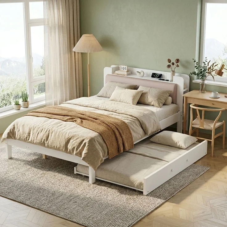 Funktionsbett 120x200 cm Weiß mit Ausziehbett 90x190 cm, Holzbett mit gepolstertem Kopfteil, Kopfteilregal, Ladestation und offenem Stauraum, platzsparendes Gästebett--Weiß--220x125x80cm--YOUDENOVA – Bild 3
