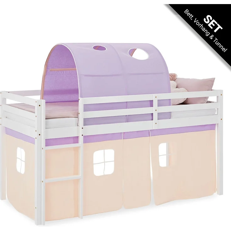 Hochbett Kinder 90x200 cm Kinderbett Kinderhochbett Stockbett Tunnel Vorhang Lila Peach Leiter Holz Massiv – Bild 1
