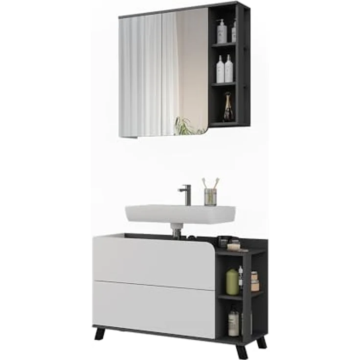 Vichy Badmöbel-Set Karen, Waschbeckenunterschrank und Spiegelschrank, Anthrazit/Weiss, 2 Teile – Bild 6