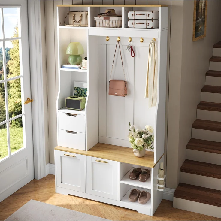 DESVIAE Garderobenschrank Weiß aus MDF/Spanplatte – 100x186x32 cm – LED-Beleuchtung, Schuhfächer – Bild 2