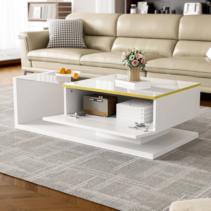 Couchtisch 100x50 cm Hochglanz Weiß LED Beleuchtung App Steuerung 16 Farben Glasplatte Wohnzimmer – Bild 6