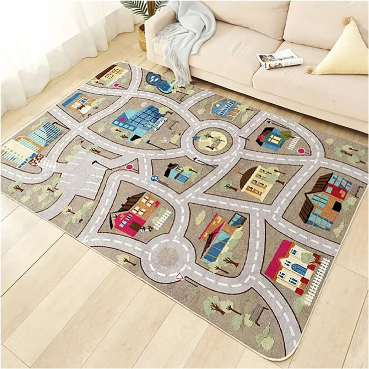 TYKTZXY Kinderteppich Spielen Teppich Straße Auto Tier Universum Blau Grün Grau(100×180cm,39×71inch)