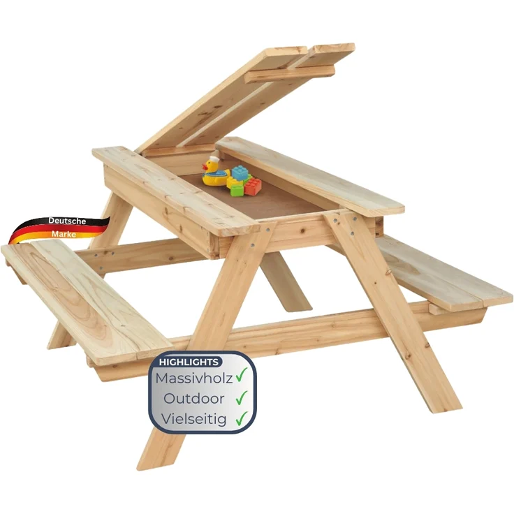 Kinder Picknicktisch KLEIS - 100cm, Massives Tannenholz, Extra Stauraum | Kindersitzgruppe Picknickbank Sitzgruppe Aussen Bank Sitzbank Gartenbank – Bild 1