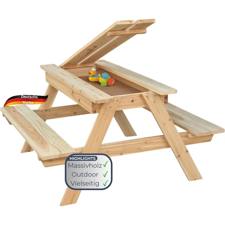 Kinder Picknicktisch KLEIS - 100cm, Massives Tannenholz, Extra Stauraum | Kindersitzgruppe Picknickbank Sitzgruppe Aussen Bank Sitzbank Gartenbank
