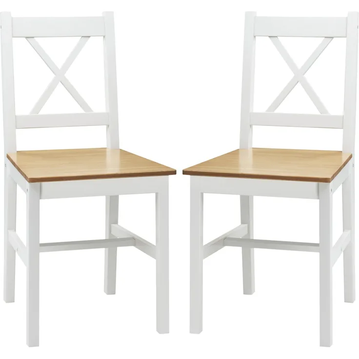 Wohnora-Set aus 2 Esszimmerstühlen aus Massivholz, Küchenstühle im Landhausstil mit weißen und eichenfarbenen Kreuzlehnen,H 860cm x T 965cm x B 465cm,Weiß