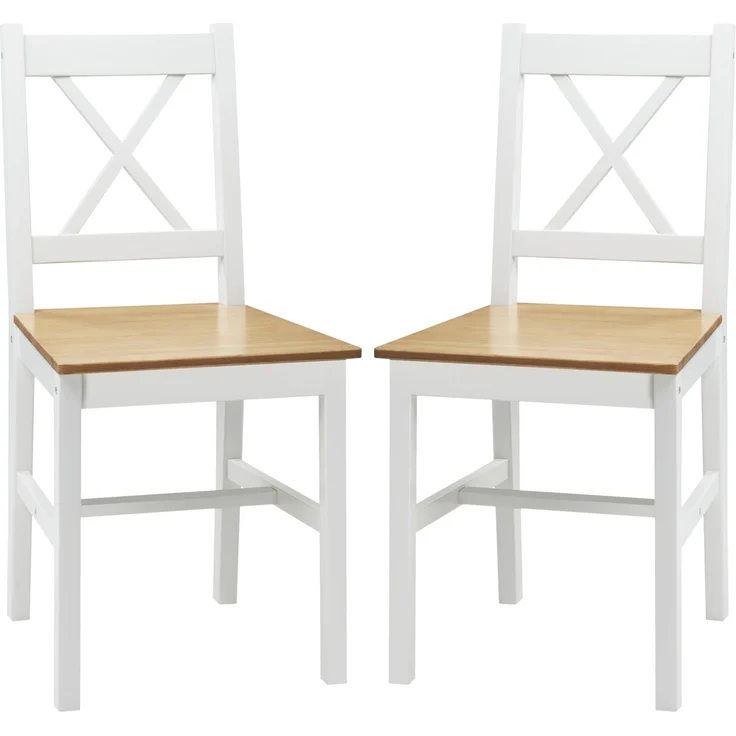 Wohnora-Set aus 2 Esszimmerstühlen aus Massivholz, Küchenstühle im Landhausstil mit weißen und eichenfarbenen Kreuzlehnen,H 860cm x T 965cm x B 465cm,Weiß – Bild 1