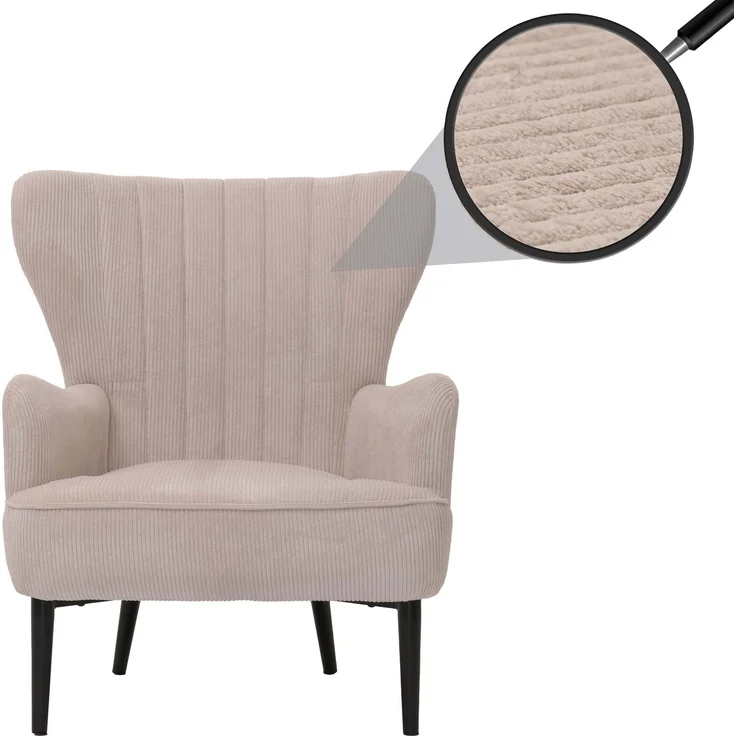 Lounge-Sessel HWC-K37, Cocktail-/Ohrensessel Polsterstuhl Retro Vintage Stoff Cord (290g/m²) ~ beige – Bild 1