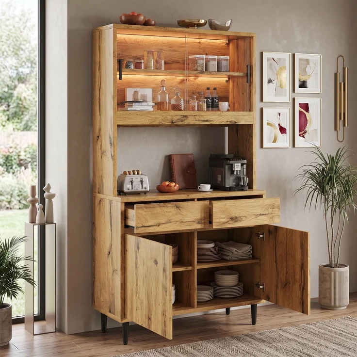 Buffetschränke, Esszimmer-Hochschrank 100*40*185 cm, mehrstufigem Stauraum, integrierter Steckdose sowie USB-C- und USB-A-Anschlüssen,Mit farbigem Lichtstreifen, Eichenfarbe – Bild 3