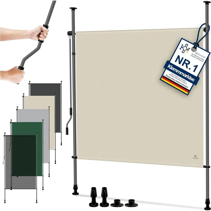 KESSER® Klemmmarkise Senkrechtmarkise außen Ausziehbar & Blickdicht | Vertikalmarkise mit Handkurbel ohne Bohren | Balkon-Sichtschutz & Windschutz für Garten & Terrasse Wasserfest Beige, 120 x 310 cm