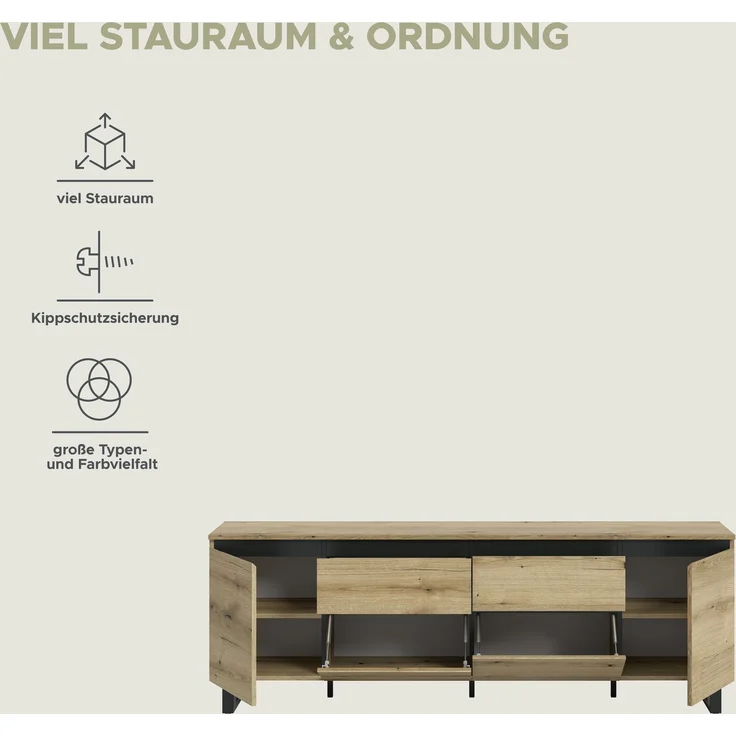 Lowboard B/H/T: 188x65x36 cm in Evoke Oak Nachbildung und schwarz – Bild 8