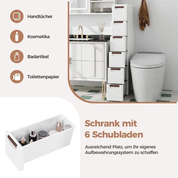 COSTWAY Beistellwagen, Nischenschrank schmal, mit 6 Schubladen & Rollen, weiß – Bild 2