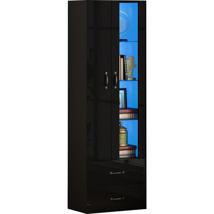 LED-beleuchtete Vitrine, 2 Türen, Standvitrine mit transparenter Tür, freistehende Vitrine LED-Vitrine Wohnzimmer Wohnzimmerwand LED-Vitrine LED-Schrank Buffetschrank,Schwarz--Schwarz--59.5x35x182cm--YOUDENOVA – Bild 7