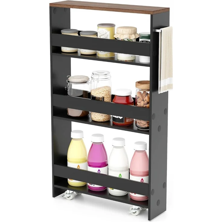 4 Ebenen Nischenregal auf Rollen aus Holz mit Griff Küchenwagen 48 x 13 x 81 cm Schwarz + Braun – Bild 1