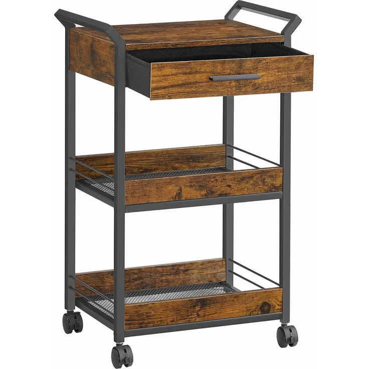 VASAGLE Rollwagen, Küchenwagen 3 Ebenen, Servierwagen mit Bremsen, Holzspanplatte, obere Schublade, Aufbewahrungsregal für Küche, Badezimmer, Schlafzimmer, vintagebraun-tintenschwarz LRC048K01