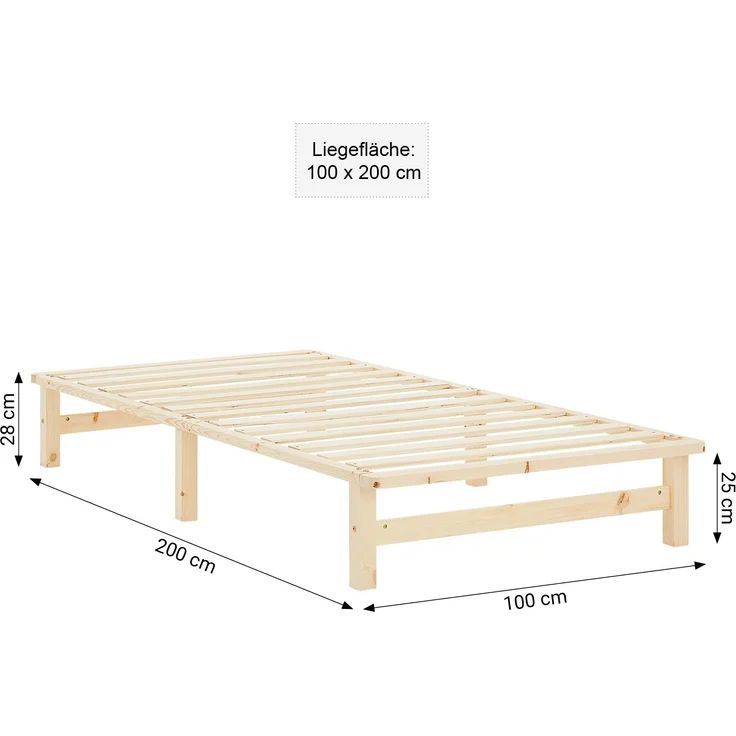 Holzbett Holzbettrahmen Palettenbett Einzelbett 100x200 Bett Massiv Holz Jugendbett Gästebett Futonbett Lattenrost – Bild 3