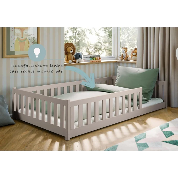 Kids Collective Kinderbett Bodenbett Bett mit Rausfallschutz & Lattenrost Montessori Bett Kinder (Jungen, Mädchen, Kinder, weitere Größen 80x160, 80x180, 90x190, 90x200, 140x200 cm), Jugendbett Einzelbett mit Matratze Kaschmir Kiefer 120x200 cm – Bild 2