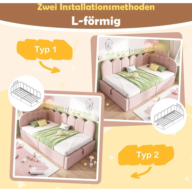 Merax Einzelbett, 90x200 cm Polsterbett, Daybett, Tagesbett-Schlafsofa mit Stauraum (hydraulisch), Gästebett L-Form Samt, Rosa – Bild 5