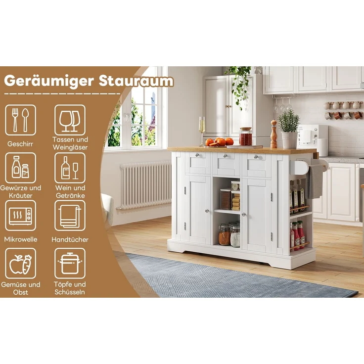 Küchenwagen 132x40(70)x87 cm mit klappbarer Platte, Steckdose, 3 Schubladen und 5 Rollen im Landhausstil Weiß/Natur – Bild 6