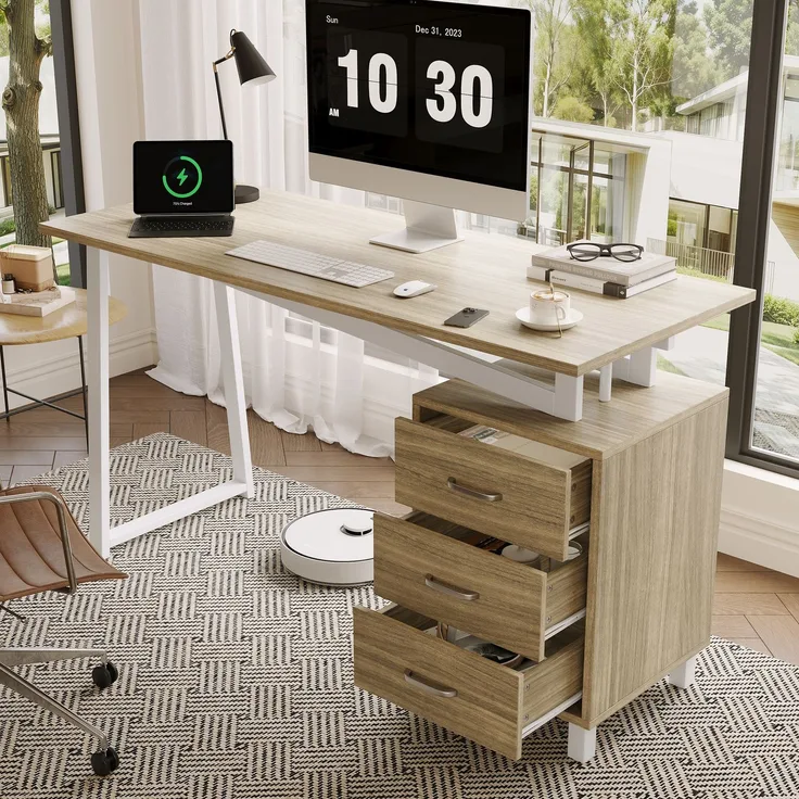 Schreibtisch 130x55x75 cm mit 3 Schubladen, MDF in Naturholzoptik und weißem Stahlrahmen