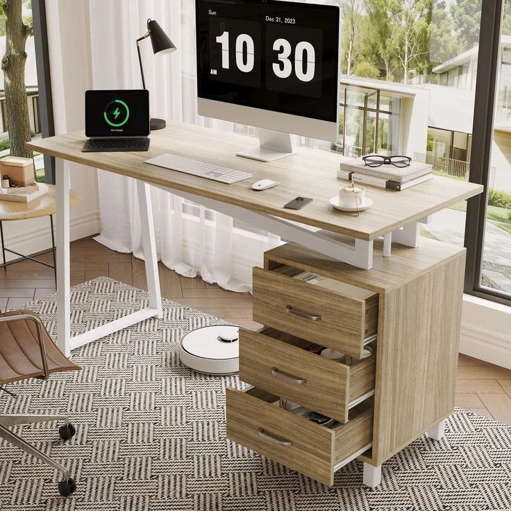 Schreibtisch 130x55x75 cm mit 3 Schubladen, MDF in Naturholzoptik und weißem Stahlrahmen – Bild 1