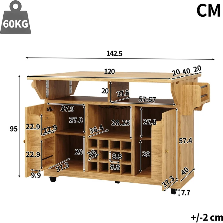 Küchenrollwagen B 142,5 x T 40/80 x H 95 cm aus MDF, beidseitig ausklappbar – Bild 5