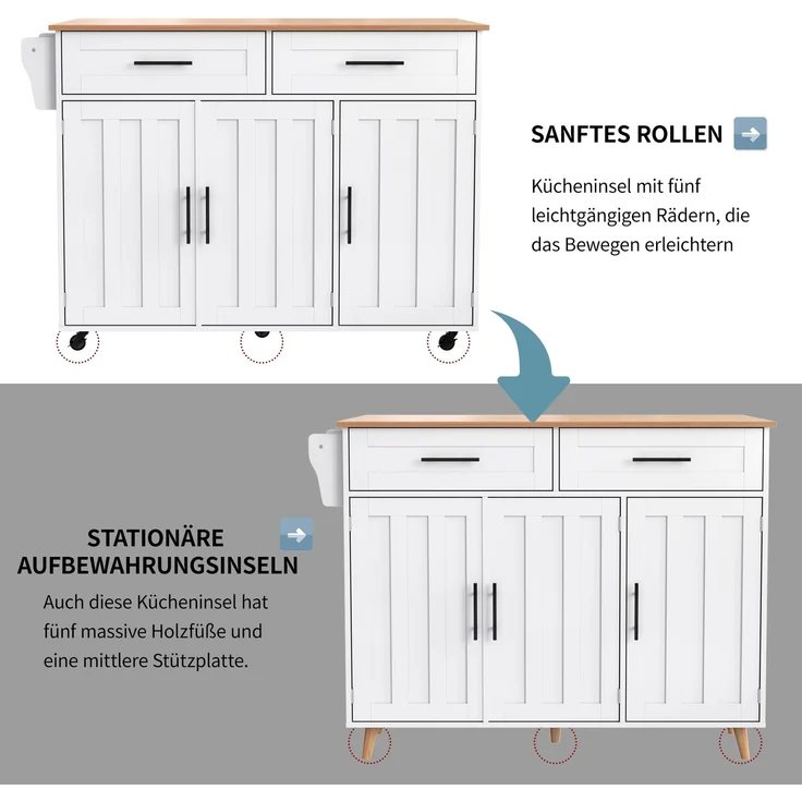 129x46(71)x91,5 cm großer Speisewagen/Sideboard, Arbeitsplatte mit Massivholzmaserung + Weiß Schrank/faltbare Arbeitsplatte/Aufbewahrungstür-Design/Räder/Massivholzfüße umschaltbar/für Zuhause geeig – Bild 9