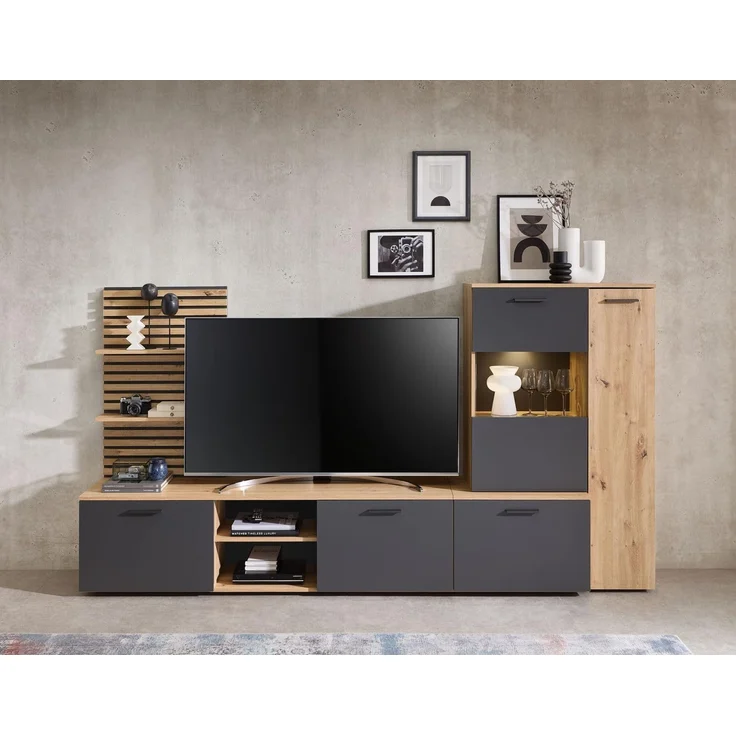 moebel-dich-auf Wohnwand ANCONA, (Artisan Eiche Nb. / anthrazit, Wandboard in Lamellenoptik + Lowboard + Vitrine), inkl. LED-Beleuchtung – Bild 2