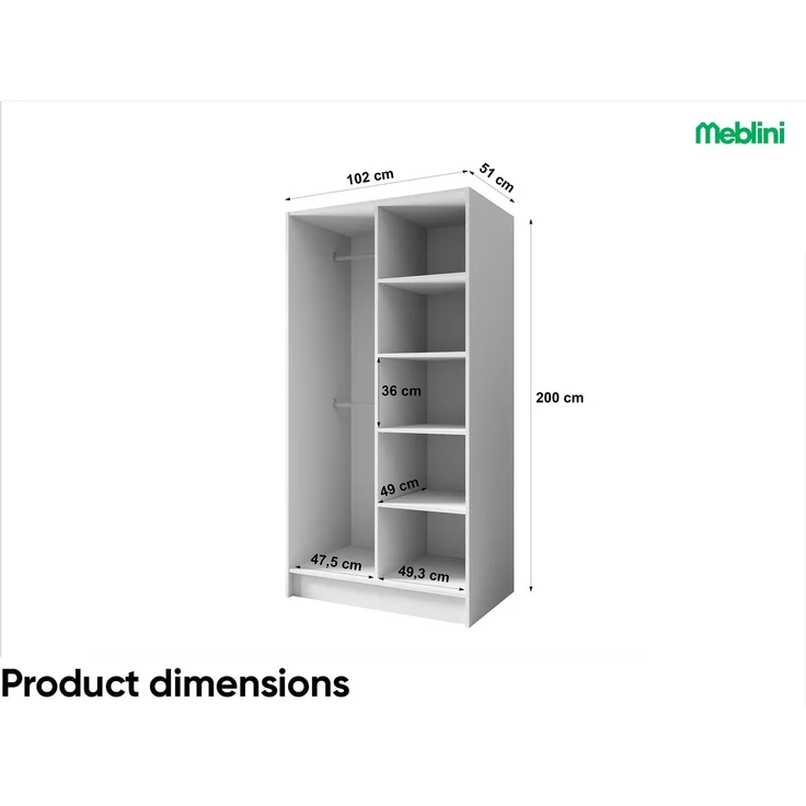 MEBLINI Kleiderschrank GALINDA 100cm - Schwarz Matt - griffloser Drehtürenschrank ohne Spiegel - Push-to-Open - mit Kleiderstangen und Regalböden – Bild 7