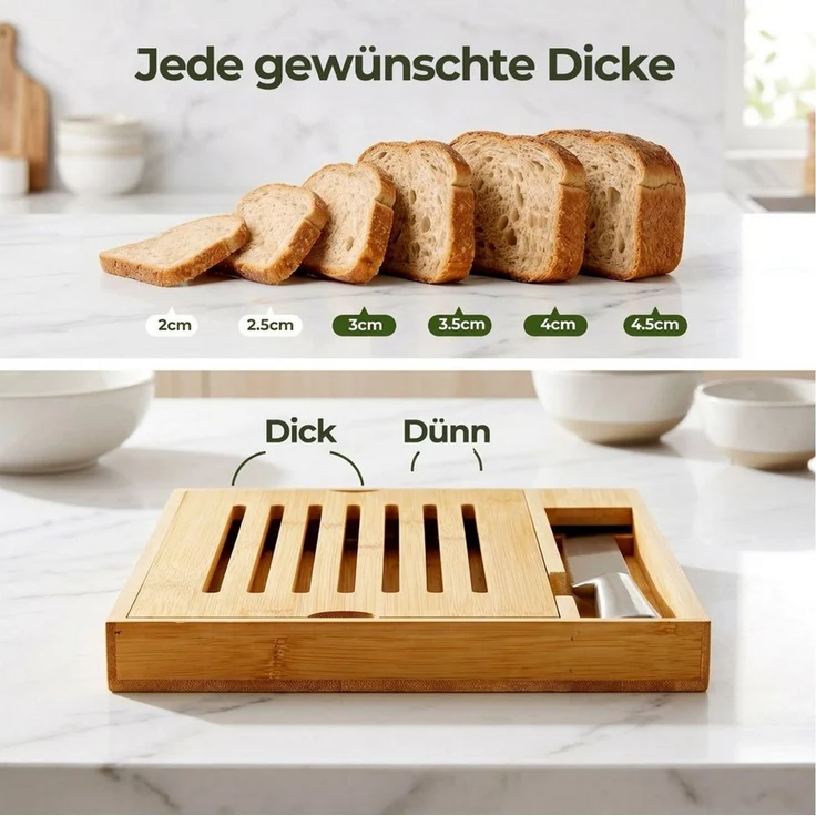 FOHERE Brotschneidebrett mit Messerhalter (inklusive Brotmesser) und Krümelschublade, Naturbambus, (1-St), 33.5x24.8 cm, geeignet zum Schneiden aller Brotsorten – Bild 4