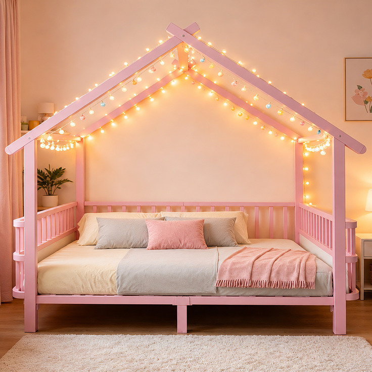ZUBALIYA Kinderbett 140 × 200 cm, Metall, Schutzgitter, Rosa – Bild 4