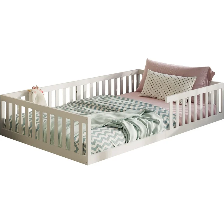 Kids Collective Kinderbett Bodenbett Bett mit Rausfallschutz & Lattenrost Montessori Bett Kinder (weitere Größen, 90x200, 120x200 cm), Jugendbett Einzelbett mit Matratze, weiß Kiefer 140x200 cm – Bild 7